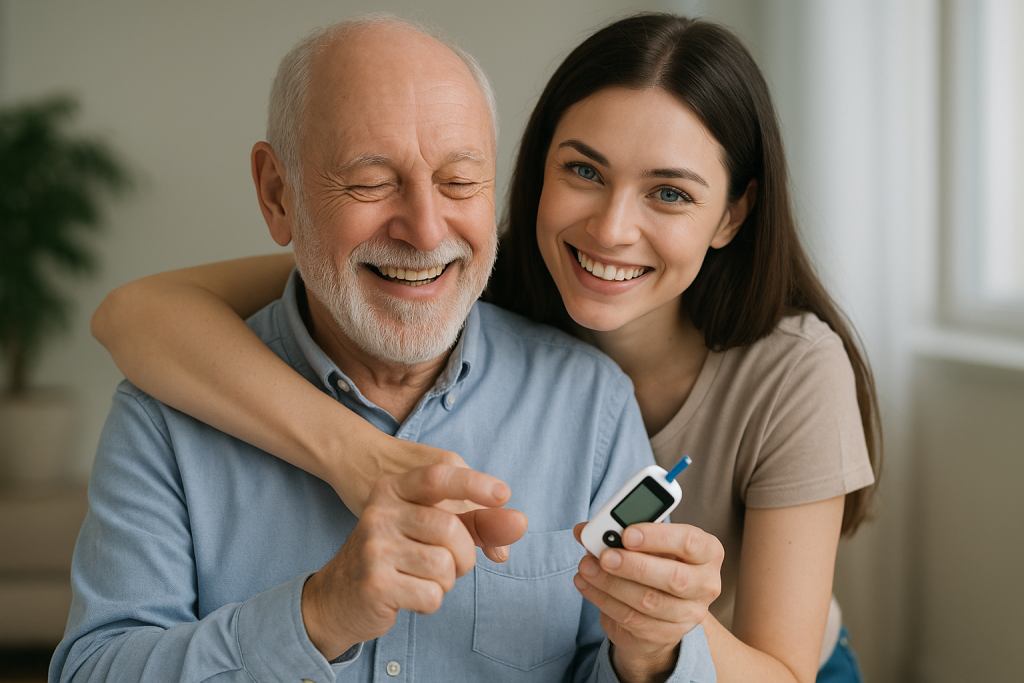 Homnbre adulto mayor con su hija joven viendo una computadora